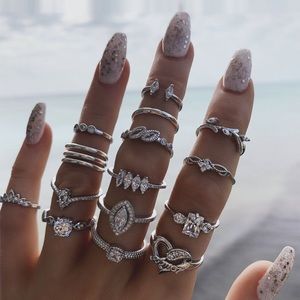 15PCS/Set Rhinestone Decor Geometric Pattern Boho Ring
